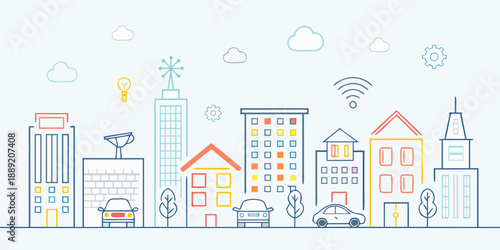 Modern city skyline illustration with technology and transportation elements