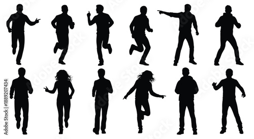 Collection of dynamic silhouettes depicting people running and gesturing