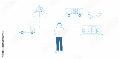 Logistics network visualized with a person using a laptop at its center