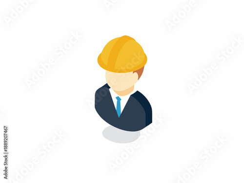 Isometric illustration of a construction worker wearing a yellow helmet