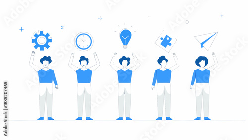 People raising icons representing ideas time innovation and problem solving