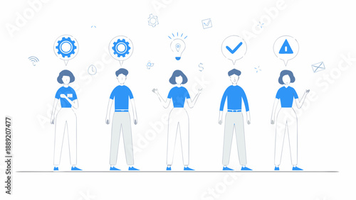 Diverse team brainstorming ideas with icons representing innovation and problem solving