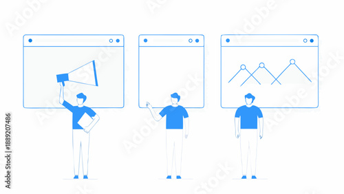 Three screens depicting communication presentation and data analysis concepts