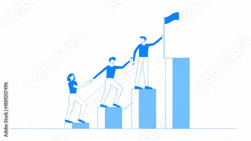 Teamwork and support illustrated with people climbing steps to a flag