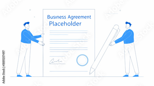 Two people finalizing a business agreement with a large pencil illustration