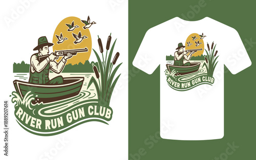 A vintage style graphic features a hunter in a boat aiming at flying ducks displayed on