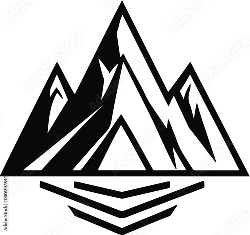 Black and white vector illustration of a mountain badge sticker logo, sharp geometric line art, solid black outline, flat minimalist design, pure black and white, isolated on white background, stock 2