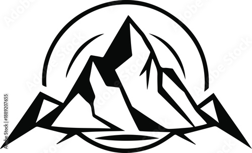 Black and white vector illustration of a mountain badge sticker logo, sharp geometric line art, solid black outline, flat minimalist design, pure black and white, isolated on white background, stock 3