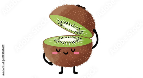 A cartoon kiwi fruit character standing with its skin half open, revealing its green interior, in an animated illustration style.