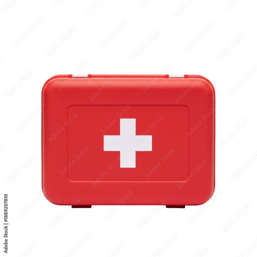 Obraz premium Bright red compact emergency medical first aid kit with white cross symbol on black background