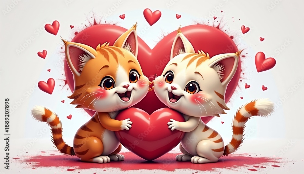 Fototapeta premium Adorable kittens hugging a heart, joyful mood, in cute cartoon style 