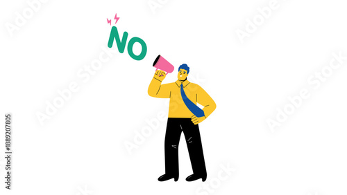 A cartoon man saying no with a megaphone in hand firmly