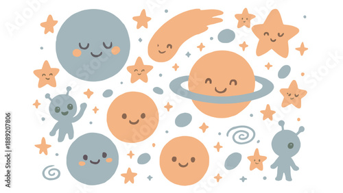 A colorful cartoon illustration of smiling planets and stars in space