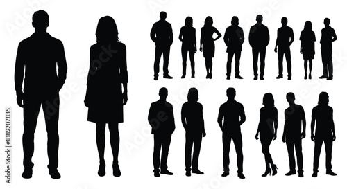 Silhouettes of people in various poses and attire displayed in rows