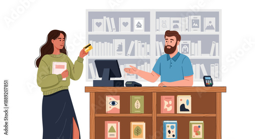 A customer interacts with a shop assistant at a bookstore counter with various books and a computer