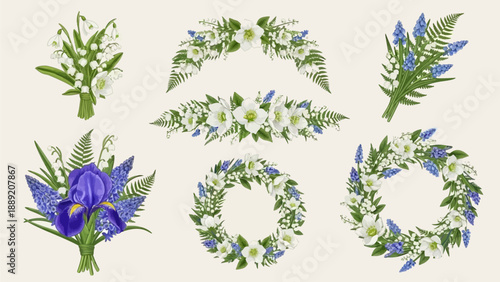 A collection of floral wreaths and bouquets featuring blue and purple flowers with green foliage, presented in a circular arrangement from a straightforward viewpoint.