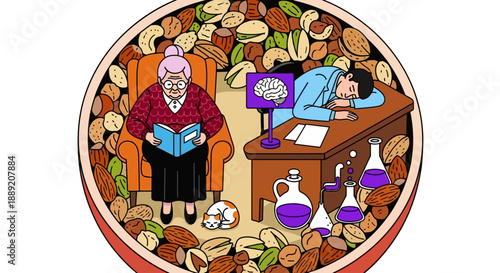 An elderly woman reads in an armchair while a man sleeps at his desk surrounded by science equipment and nuts