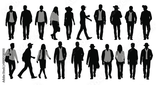 Silhouettes of diverse people walking in various poses and attire