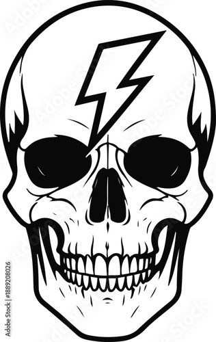 Black and white vector illustration of a skull with lightning bolt sticker logo, bold sharp line art, solid black outline, flat design, isolated on white background, high contrast, stock vector 3