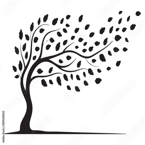 Bending tree silhouette with flying leaves representing wind weather and seasonal changes for autumn landscape or environmental conservation projects isolated on transparent background design