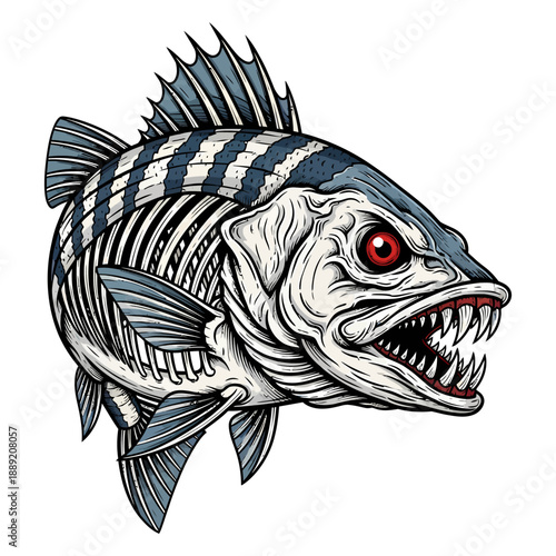 skeleton striped bass fish with sharp teeth and red eyes in aggressive cartoon mascot style