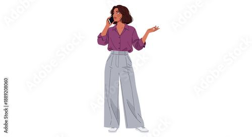 Illustration of a woman talking on a mobile phone while gesturing in a casual stance