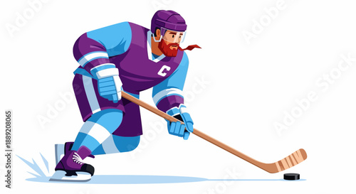 Hockey player in action, skating and hitting puck with stick on ice rink from a dynamic angle.