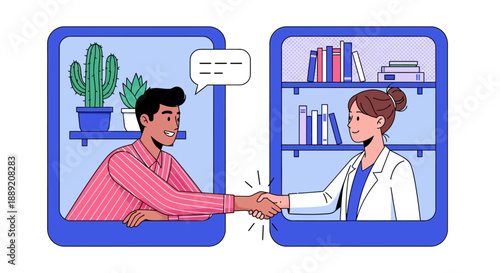 Professional handshake between doctor and patient in a modern office setting with books and plants.