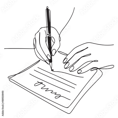 Hand writing with pen on paper line art drawing continuous line illustration for signature document signing agreement legal contract business correspondence concept isolated vector artwork