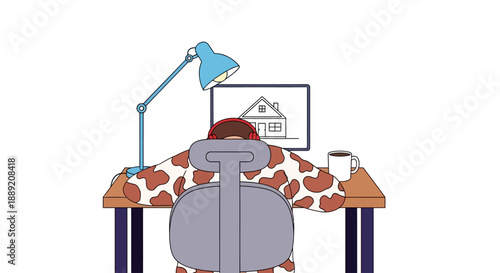Person working on computer with desk lamp and cup on cow print tablecloth viewed from behind