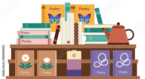 A wooden bookshelf filled with books, teapot, and decorative items, viewed from the front in a cozy environment.