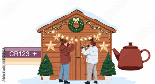 Two men decorating a festive wooden cabin with Christmas lights and ornaments in a snowy landscape