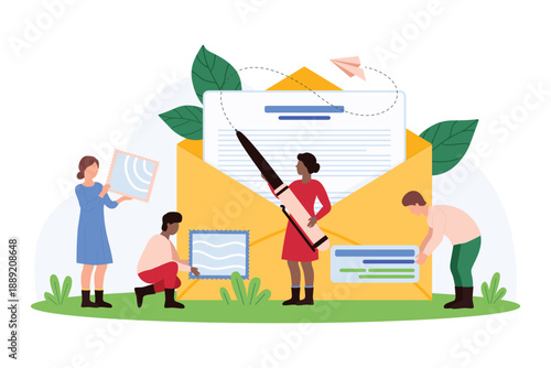 Letter and digital message, SMS and email writing, correspondence delivery. Tiny people holding pen and stamp to write text on paper sheet and send mail envelope to address cartoon vector illustration