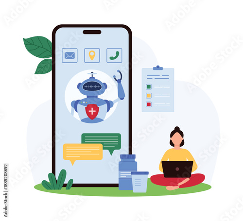A medical chat-bot on a mobile device providing health information and support, enhancing patient access to healthcare resources and advice vector illustration.