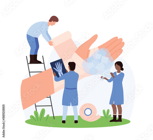 Healthcare professionals treating a hand injury using X-rays, bandages, and ice packs, ensuring proper care and recovery in a clinical environment, vector illustration.