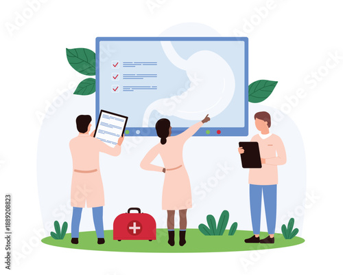 Doctors reviewing endoscopy images on a large screen, discussing findings and patient care plans in a clinical environment, vector illustration.