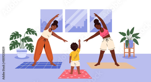 Two women and a child practicing yoga together in a serene living room with plants and abstract art