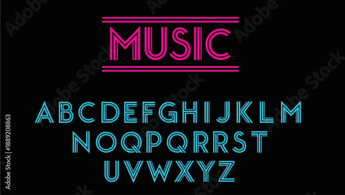 Vibrant neon 'MUSIC' sign with alphabet letters displayed prominently in a dark environment
