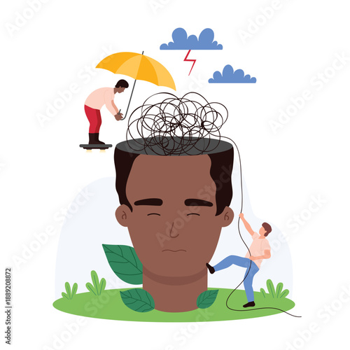 Mental health, help of counselor in recovery from depression. Tiny people holding umbrella to protect man from rain storm of anxiety, unravel chaos of thoughts in brain cartoon vector illustration