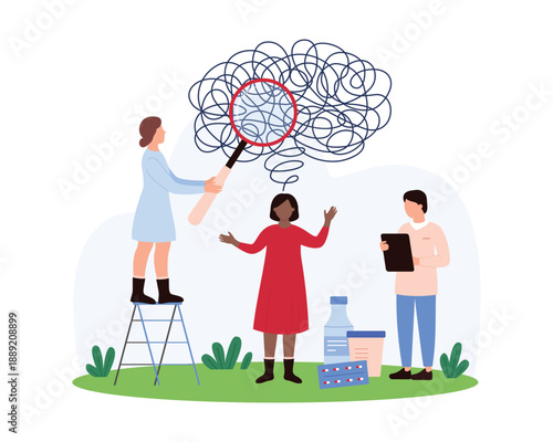 Medical team addresses mental health, using a magnifying glass to examine tangled thoughts above a patient s head. The scene features pills, bottles, and clipboard vector illustration