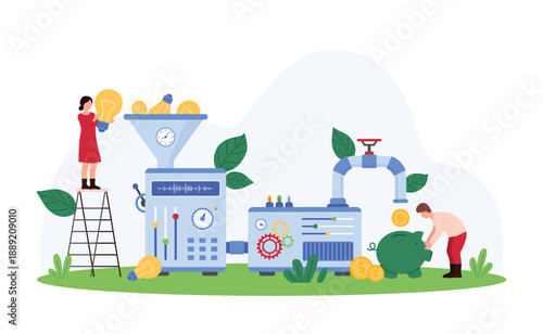 Business idea monetization, fund of success startup. Tiny people make money with funnel and pipe machine, entrepreneurs and investors convert light bulbs into cash cartoon vector illustration