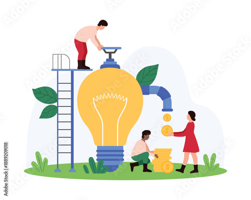 Creative idea to make money, financial value of business project, profit of startup. Tiny people open light bulbs valve for flow of gold coins, monetize smart solution cartoon vector illustration