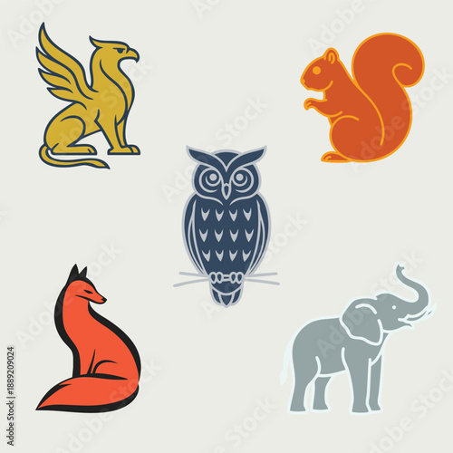 Stylized Mythical and Wild Animal Illustrations: Griffin, Owl, Squirrel, Fox, Elephant