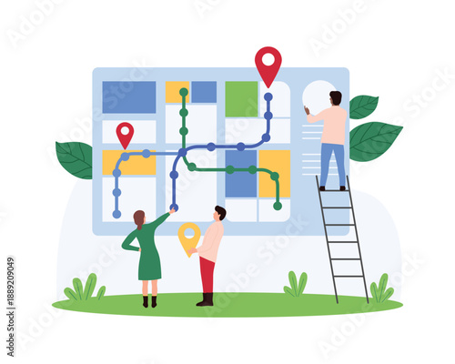 Team of people collaborates on a large city map, using markers and pointers to plan routes. Scene includes location pins and a ladder, symbolizing urban planning and navigation vector illustration