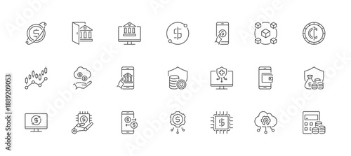 Financial Technology Icon set containing fintech, open banking, online banking, digital money, payment, blockchain, cryptocurrency, stock market, online loan, mobile banking, tokenization, vector icon