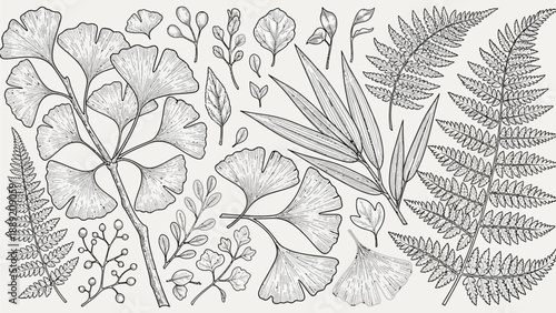 Illustration of various plants and ferns in a detailed black and white drawing from a close-up viewpoint.