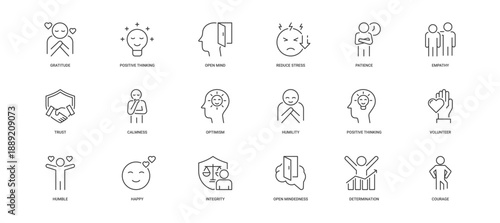 Positive Personality icon set containing gratitude, positive thinking, open mind, reduce stress, patience, empathy, trust, calmness vector icons