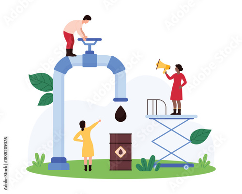 Workers control a giant oil tap, monitoring the flow into a barrel. Worker directs with megaphone while another adjusts a valve, emphasizing oil management, environmental concerns vector illustration