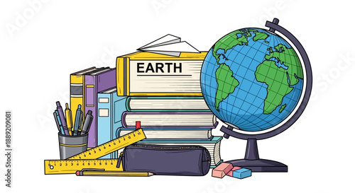 Educational scene with globe, books, and school supplies on a table from a close-up viewpoint