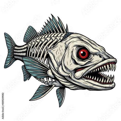 skeleton striped bass fish with sharp teeth and red eyes in aggressive cartoon mascot style